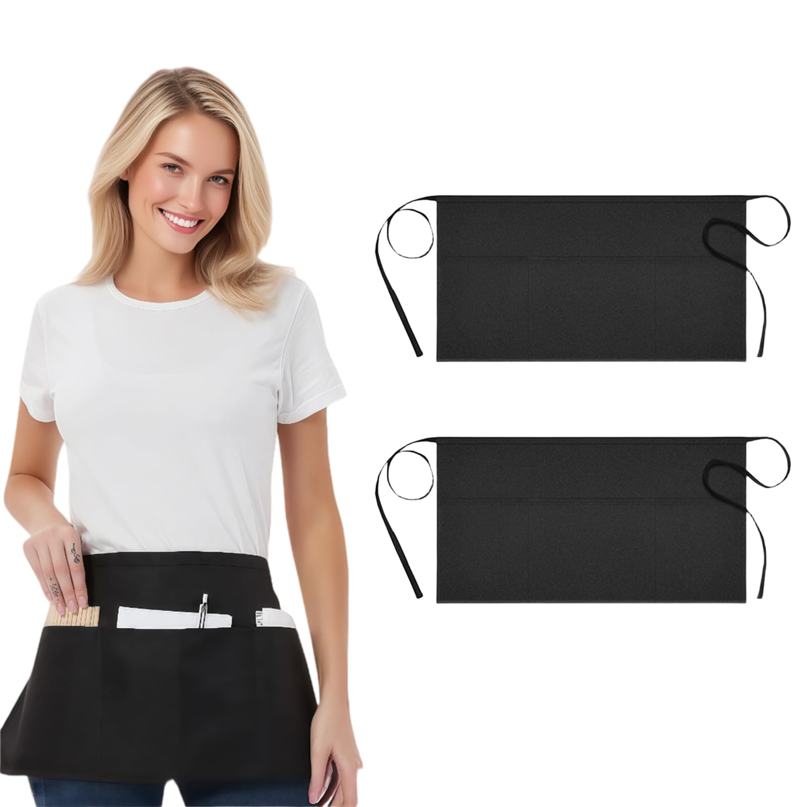Jdieoqa Unisex Thickened 2 Pcs Waitress Apron, Waist Apron, Black Server Aprons Waitress Waiter Aprons For Chef Restaurant Staff, 3 Pocket Adjustable Waistband Hospitality Workwear