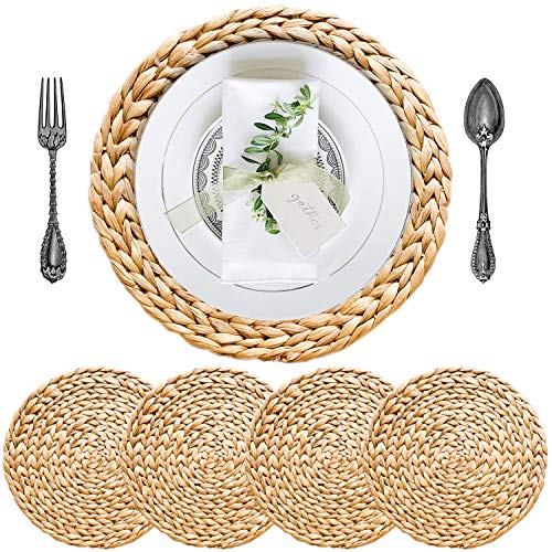 Image of Woven Placemats Set of 4, Table Mats Set of 4, Water Hyacinth Round Placemats for Round Table, Chargers for Dinner Plates, Wicker Chargers for Dinner Plates, Woven Placemat, Place Mats 13.4 in