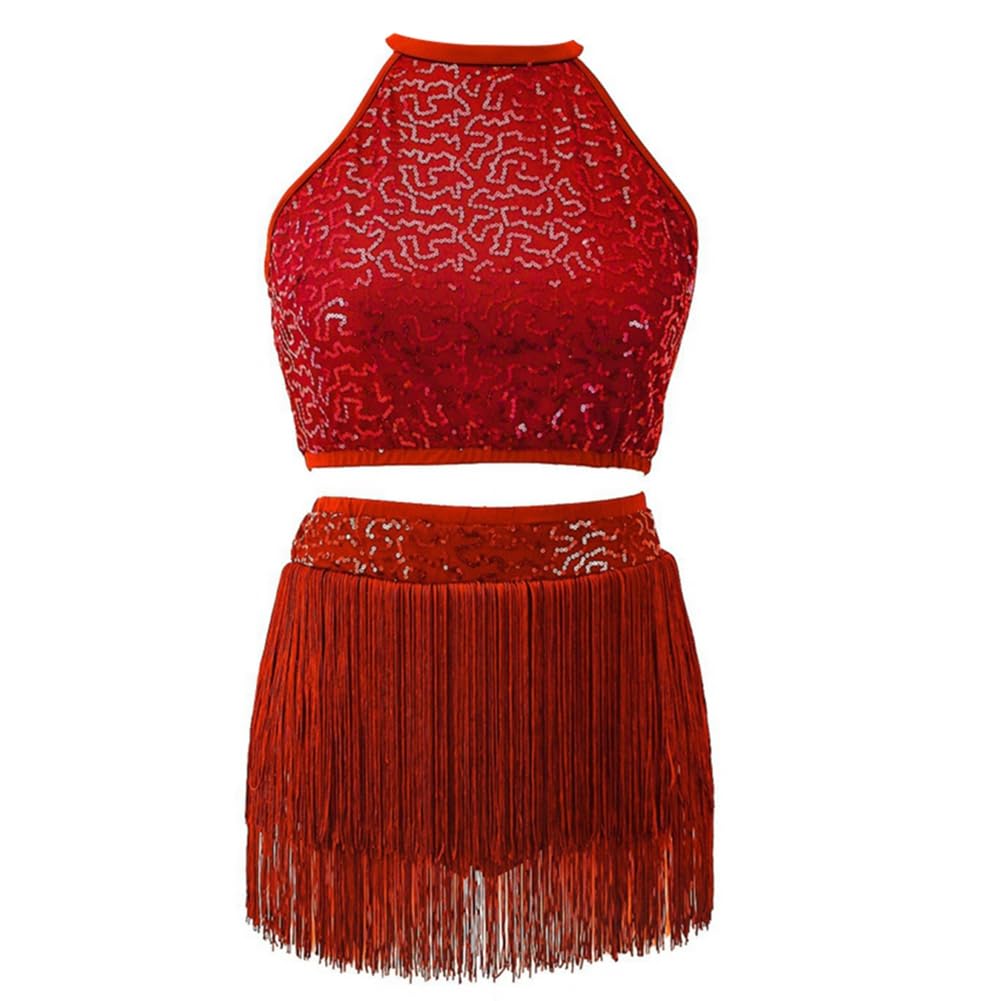 Sequin Red Fringe Two Piece Set Have Fun Sequin Fringe Crop Top - Main Image