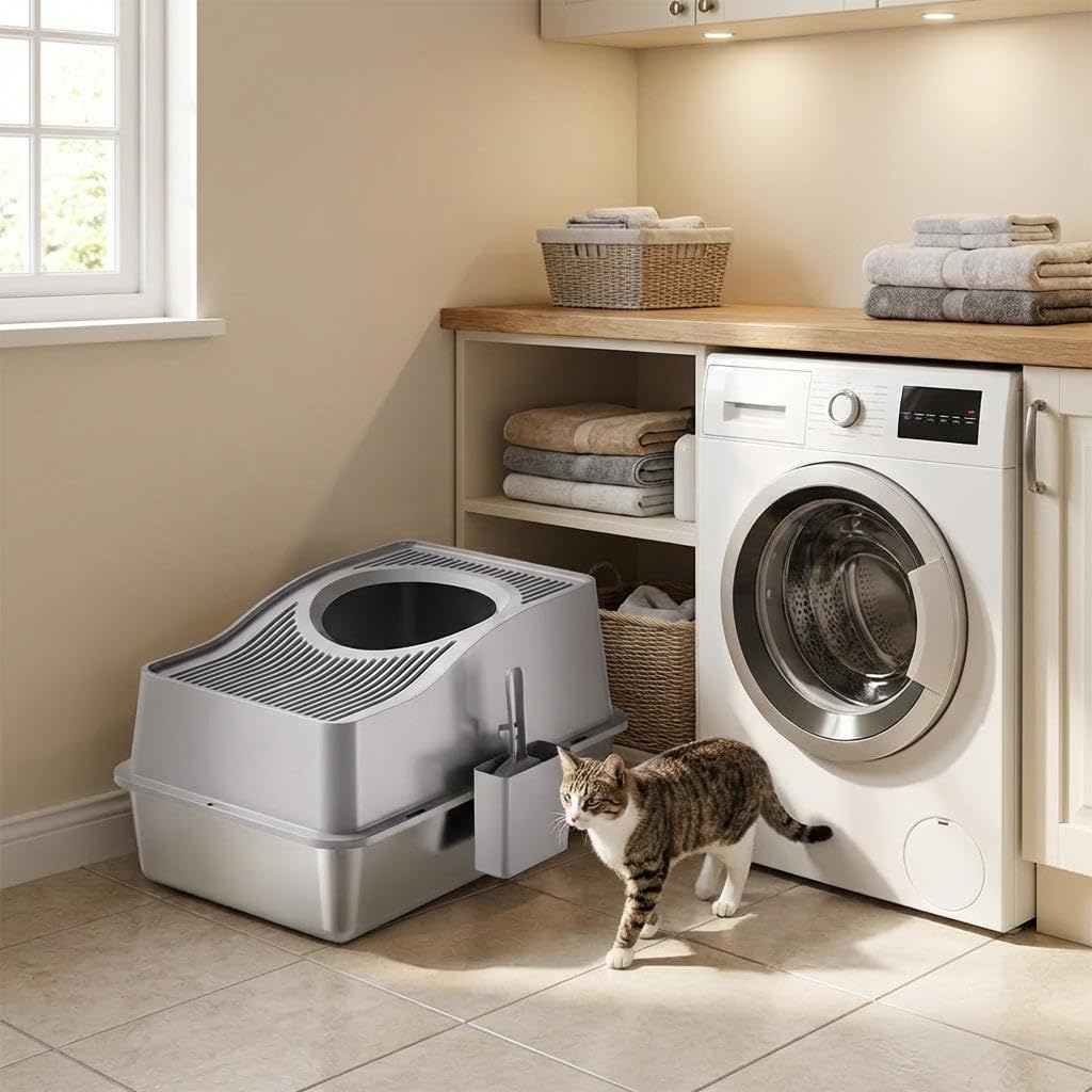 GarveeMore Stainless Steel Cat Litter Tray with Lid, Large Top Entry Enclosed Cat Toilet, High Sided Odour Control & Anti Tracking Cat Litter Box with Scoop & Mat (Grey, 20cm Base)