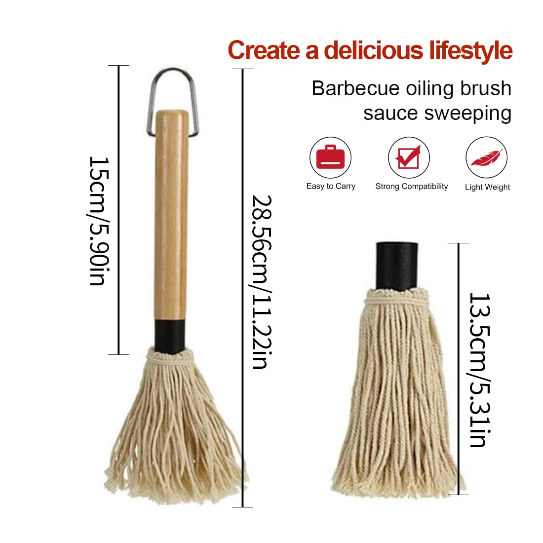 WUSJCOF 1 PCS Grillpinsel BBQ Pinsel Basting Mop Profi Sauce Soßen Marinaden Grillbürste Barbecue mit Holzgriff zum Kochen Braten Grillen (2X Extra Ersatz Köpfe)