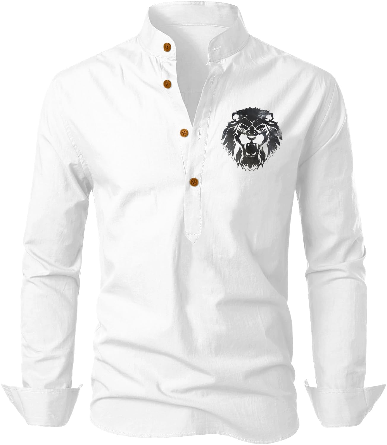 finaxo fashion Men's Solid with Lion Print Cotton Blend Long Sleeve Mandarin Collor Reguler Fit Stylist Kurta Shirt | Cotton Blend Short Straight Kurta for Men-picture-37