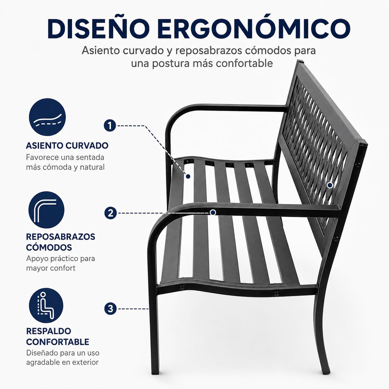 Banco de Jardín Exterior de Metal 2-3 Plazas | Asiento de Acero Resistente | Ideal para Terraza, Patio, Porche o Balcón | Diseño Decorativo con Respaldo Curvo | Mueble Exterior Duradero