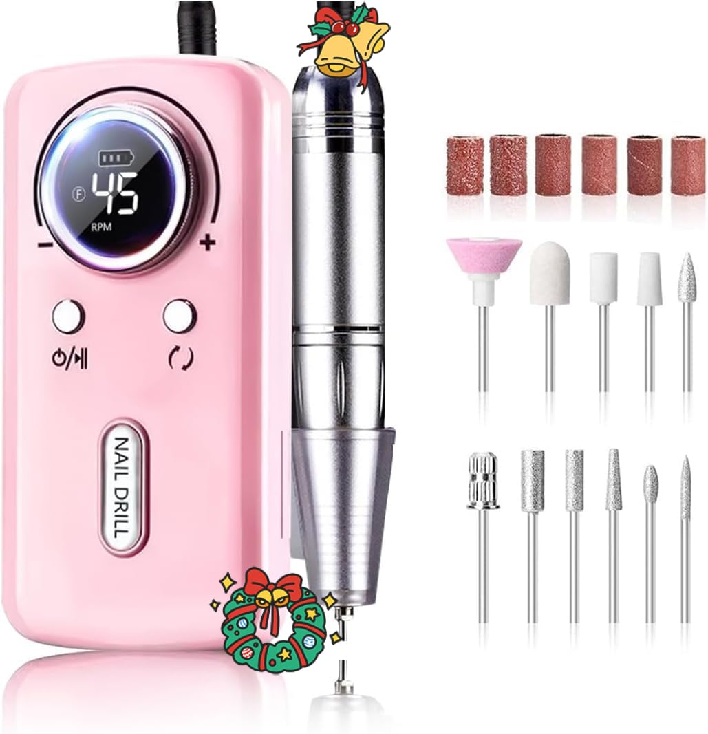 Fresa Per Unghie Professionale Ricaricabile Portatile 45000 RPM,LCD Elettrica Fresa con 11 Testine Iucidanti,Silenzioso e privo di vibrazioni,Per la cura delle unghie in acrilico/gel