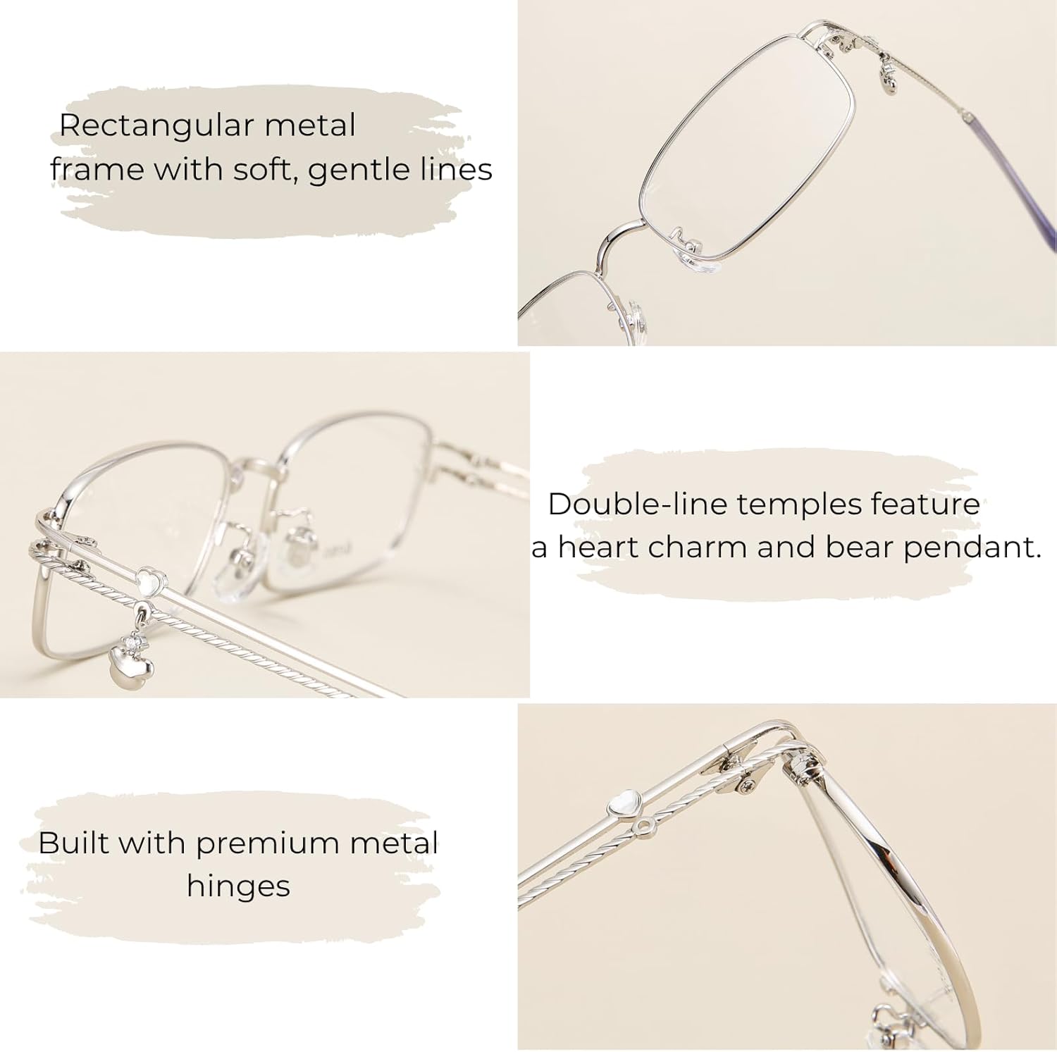 Firmoo Blue Light Glasses Square Metal Frame for Women with Bear Charm for Computer & Phone Use Anti Glare & UV Protection - Image 6
