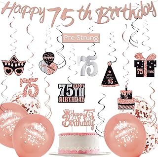 WOJOGO 75th Birthday Decorations for Women, Rose Gold 75 Birthday Decorations For Women, Happy 75th Birthday Banner Hanging Swirls Birthday Cake Topper Balloons Decor Kit for Party Supplies