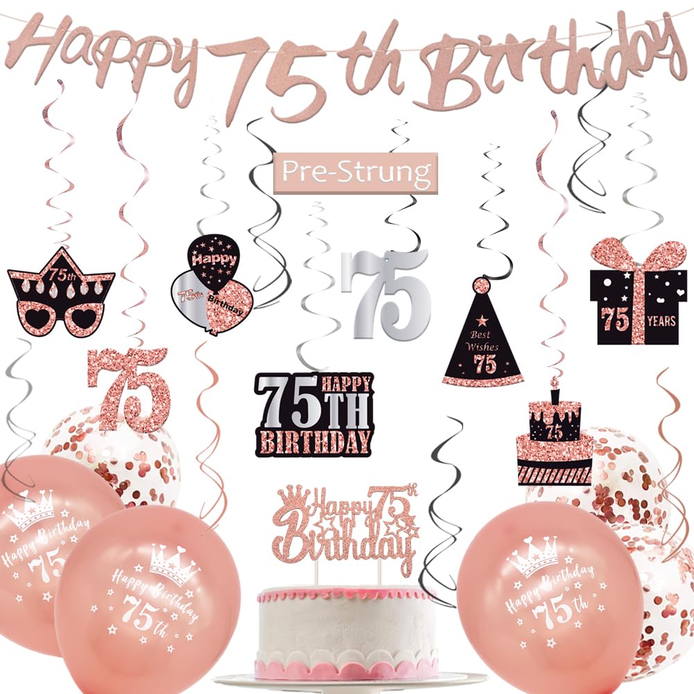 WOJOGO 75th Birthday Decorations for Women, Rose Gold 75 Birthday Decorations For Women, Happy 75th Birthday Banner Hanging Swirls Birthday Cake