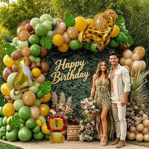 Image of Jungle Safari Balloons Arch Garland Kit, Sage Green Brown Yellow Animal Print Balloons Palm Leaves for Wild One Safari Baby Shower Tropical Woodland Birthday Party Decorations