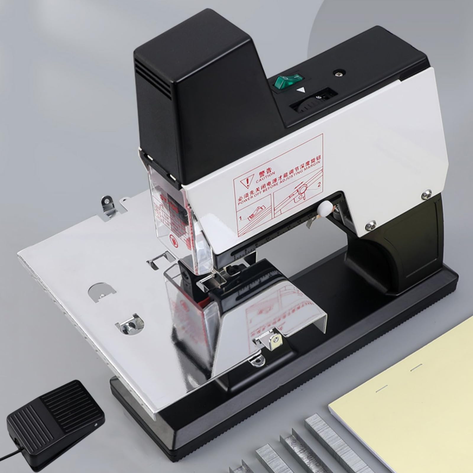 Elektrischer Sattelhefter, 50 Blatt Kapazität, Fußpedal, 9-Gang-Bindemaschine für 23/6, 23/8, 24/6, 24/8 Heftklammern, 100 mm Bindungstiefe