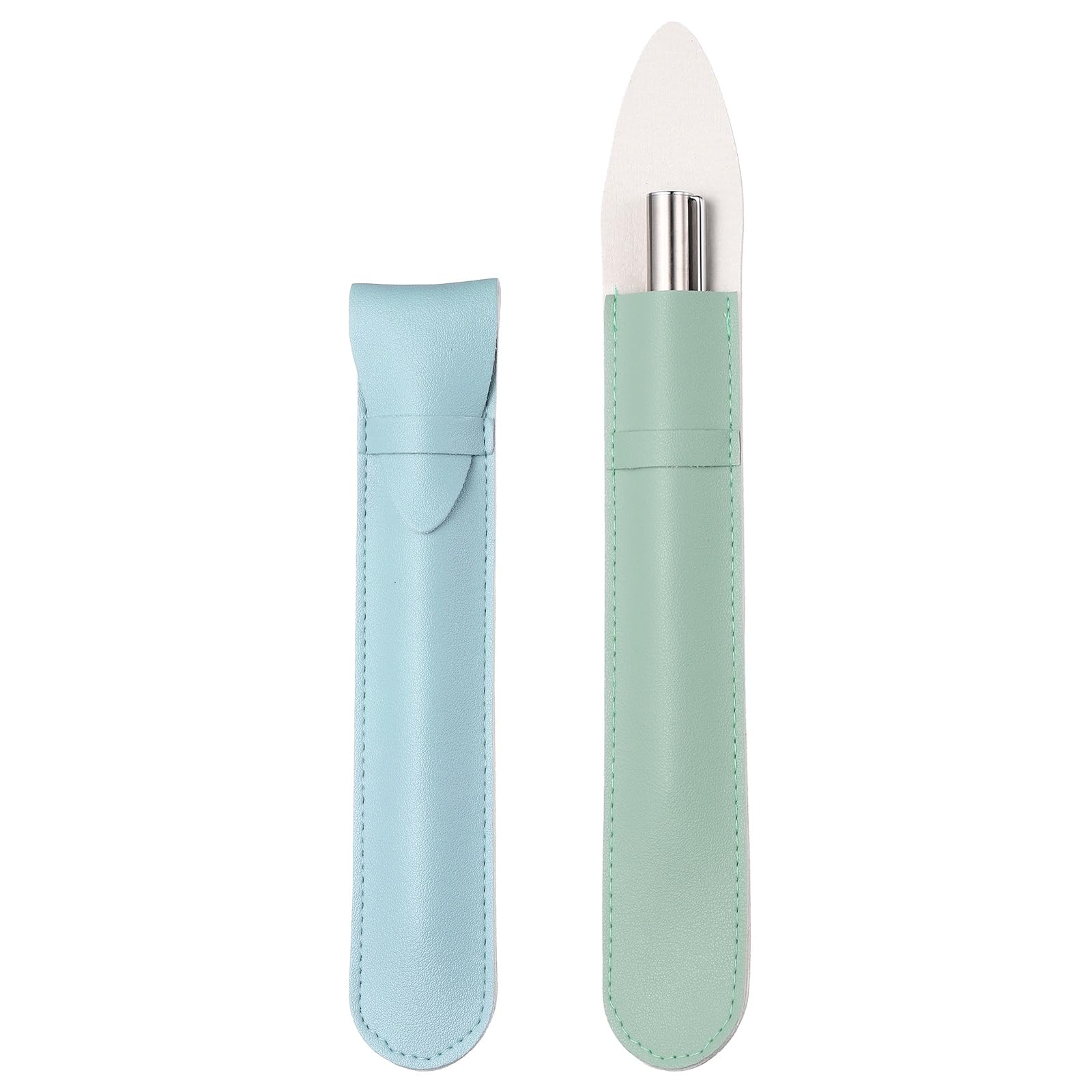 PATIKIL 2Pcs Leather Pen Pouch Sleeve, Leather Fountain Pen Holder Case Protective Cover for Storing Ball Points Pencils Fountain Office Business Gifts, Light Green/Light Blue
