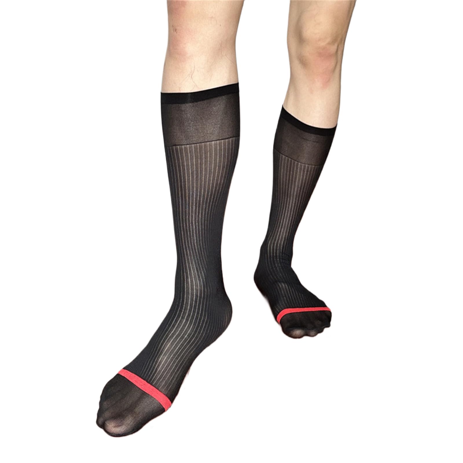 NIHENHAO Mens Nylon Sheer Suit Socks Business Dress Socks Contrast Color Striped See Through Formal Dress Over the Calf Stockings
