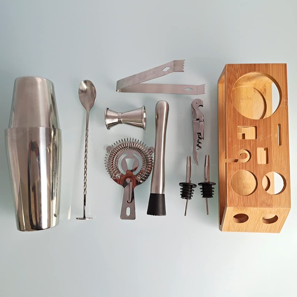 Cocktailshaker Cocktail Shaker 10-teiliger Sets Edelstahl Bambusrahmen Boston Shaker Barkeeder Kit for Martini Margarita Mix Professionelle Bar Tools Cocktail-Sets