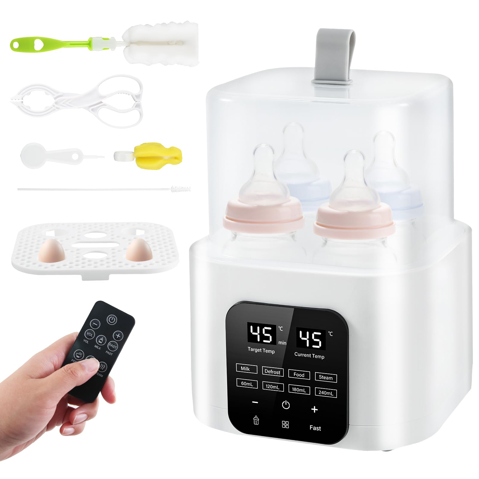 Baby Bottle Warmer, 6-in-1 Fast Heating Baby Milk Warmer and Steriliser with Digital LCD, Steriliser for Baby Bottles, Food Warmer and Defrost Warmer Display Temperature Control, Fits 4 Bottles