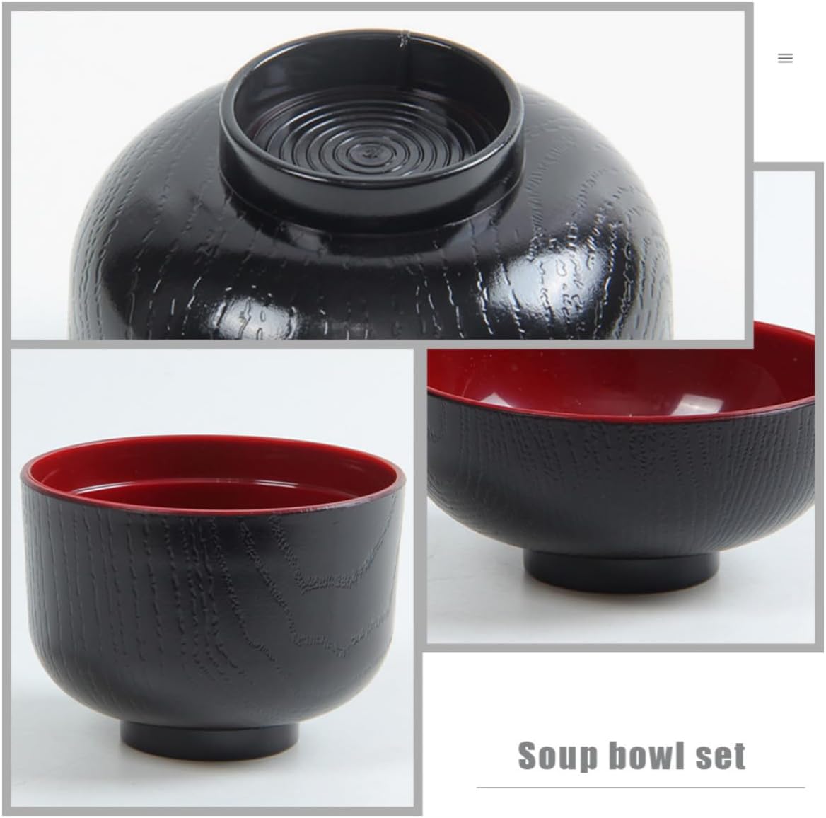 Healifty Melamine Soup Bowl Black with Lid and Spoon, Japanese Style