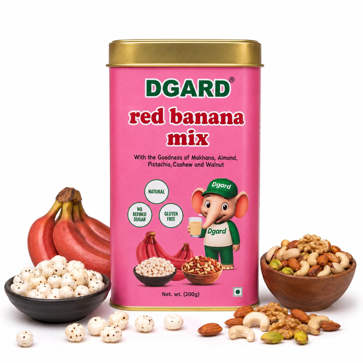 DGARD Red Banana Milk Mix with Almond, Cashew, Pistachio, Walnut & Makhana – Creamy Banana Drink Powder for Milk – Nutritious Milkshake Mix for Kids & Adults – Easy to Prepare Beverage – 200g