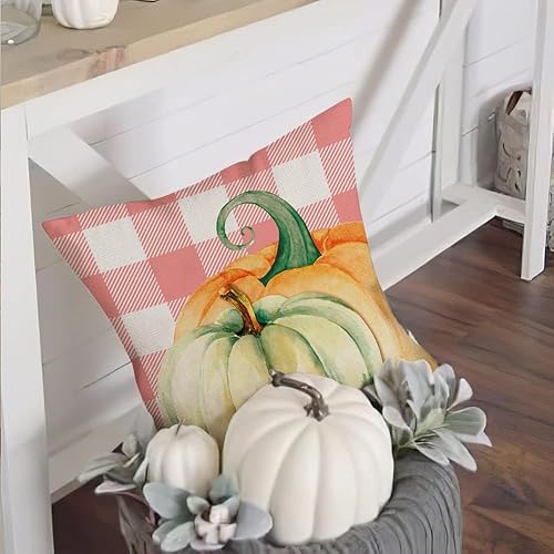 Miniatura 9 de Juego de 4 fundas de almohada decorativas de otoño de 20 x 20 pulgadas, decoración de calabaza, a cuadros, para exteriores, granja, otoño, Acción de