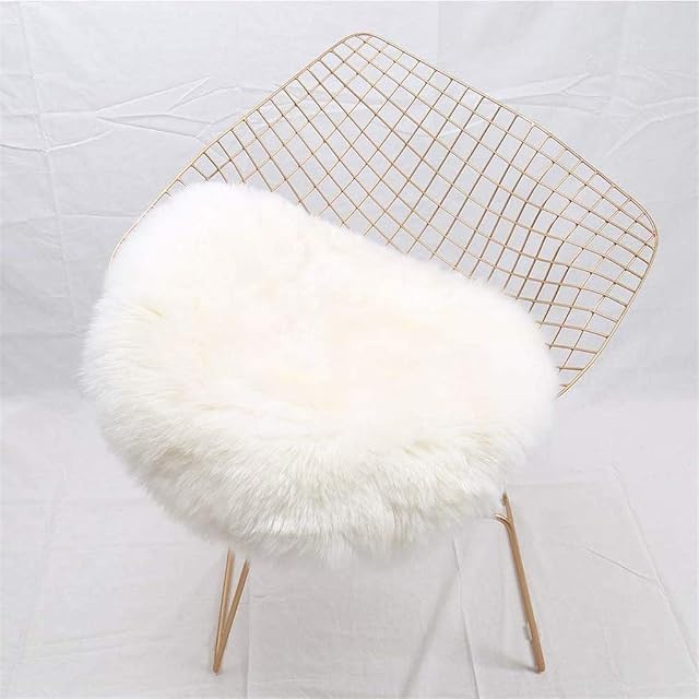 HEQUN Circular Faux Fur Sheepskin Style Rug Faux Fleece Chair Cover Seat Pad Soft Fluffy Shaggy Area Rugs For Bedroom Sofa Floor (White, 45 X 45CM)