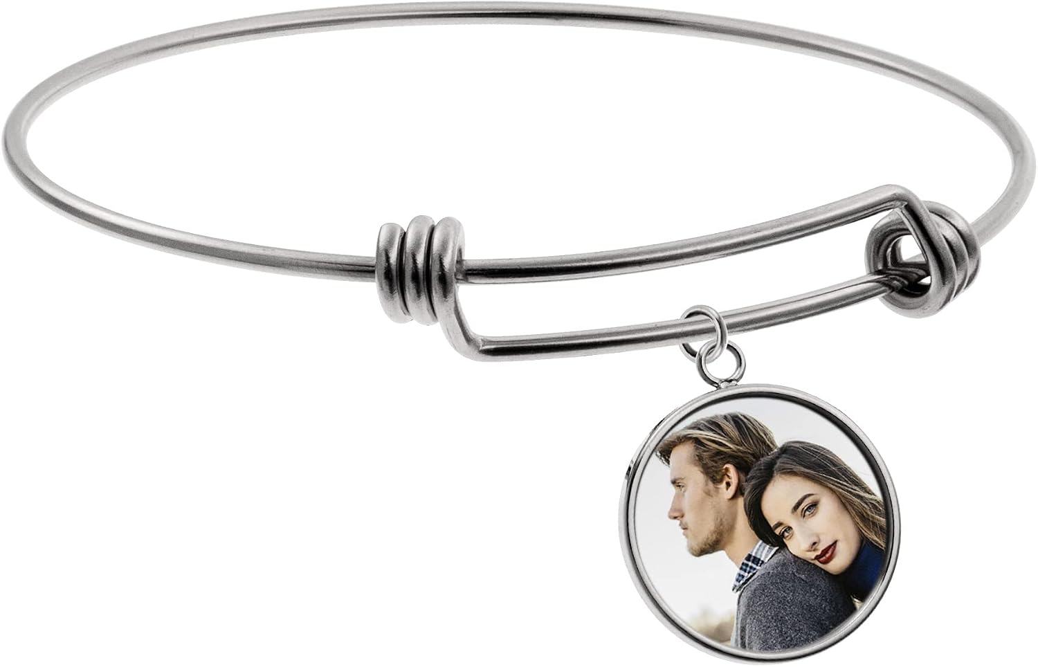 Love You to The Moon and Back Personalized Fingerprint Photo Engrave Dangle Charm Adjustable Wire Bangle Bracelet Inspirational Gift