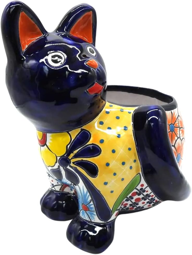 Callie Cat Planter Hand Painted Cat Indoor Outdoor Multi Colored Glazed Puebla