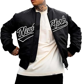 Mens Letter Printed Zipper Baseball Collar Bomber Jacket