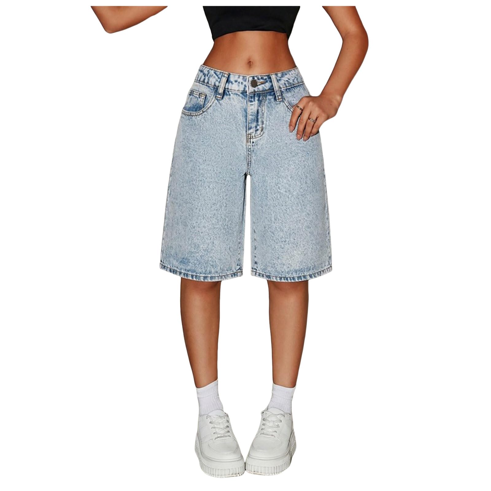 Short Jean Fille Bermuda D'été Décontracté à Jambe Large Taille élastique Short Mi-Long Taille Haute Ete Shorts et Bermudas Jeans Rétro Coupe Ample Confortable Baggy Shorts Jean pour Adolescentes