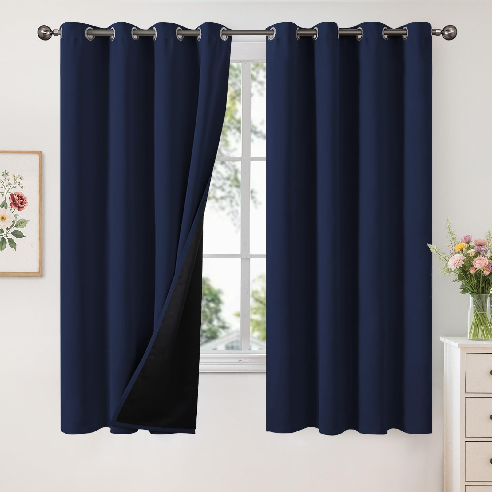 YoungsTex Navy Blue 100% Blackout Curtains for Bedroom 52 X 63 Inch, Grommet Full Light Blocking Thermal Insulated Drapes for Living Room Privacy Noise Reduction, 2 Panels โ image 1