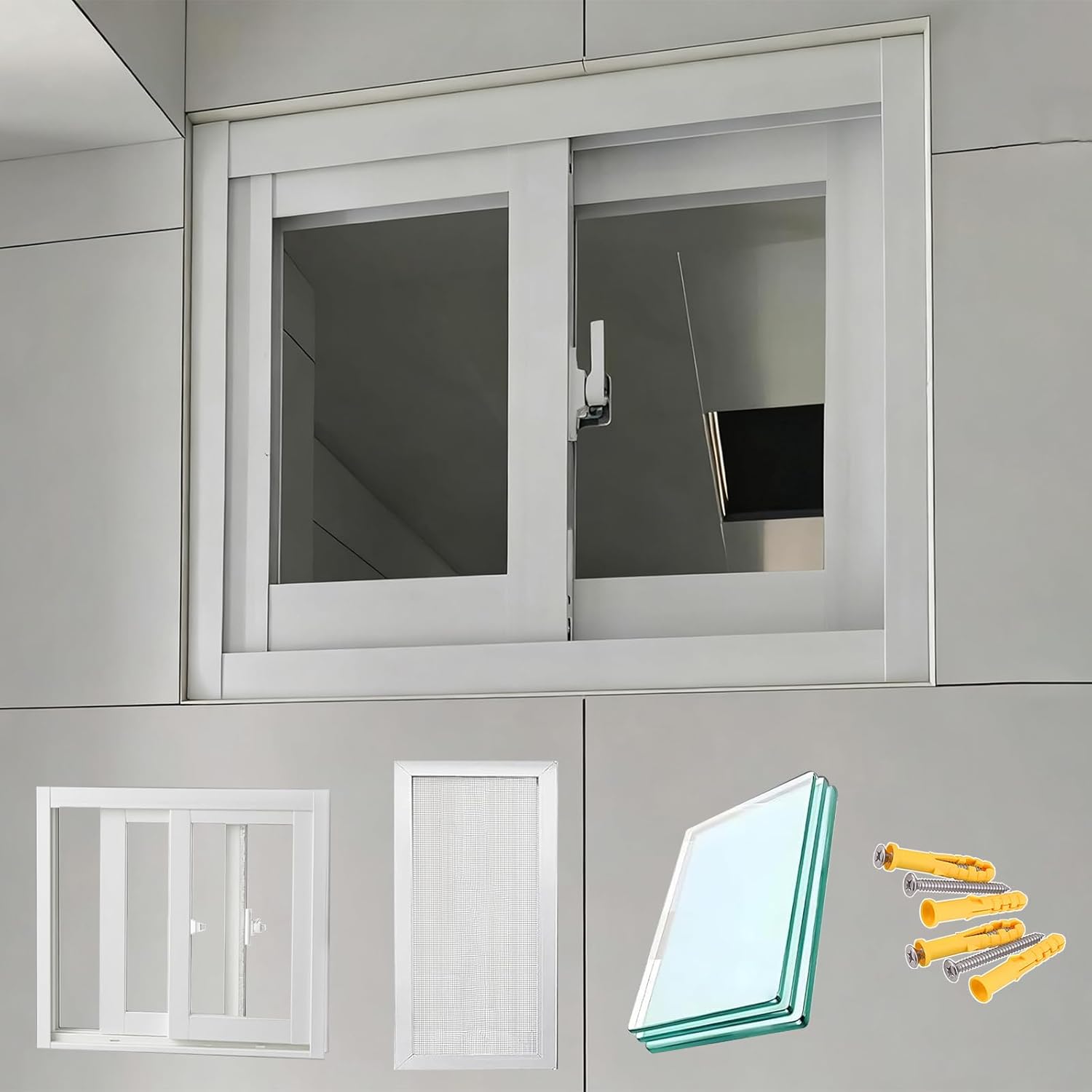 White Aluminum Sliding Barn Window for Chicken Coop, 50x27in (127x69cm), Tempered Glass & Screens, Horizontal Basement Replacement Window for Home Use
