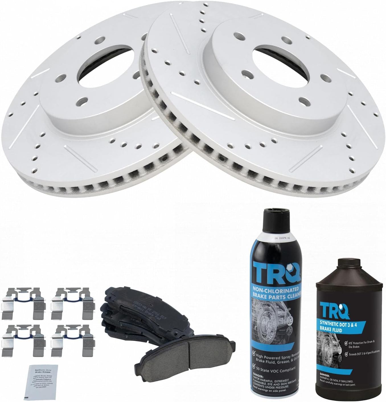 TRQ Front Brake Pad & Rotor Kit Ceramic Performance Premium G-Coated Slotted X Drilled Compatible with 2005-2006 Chevrolet Equinox 2006 Pontiac Torrent 2002-2007 Saturn Vue