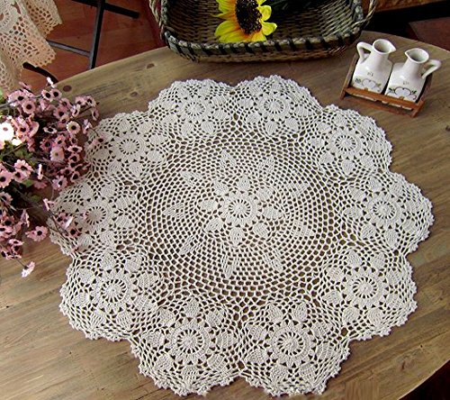 Lelefly Cotton Handmade Crochet lace Table Runners Round Tablecloth Doilies Doily Table Dresser Scarf Décor,23 inch,Beige