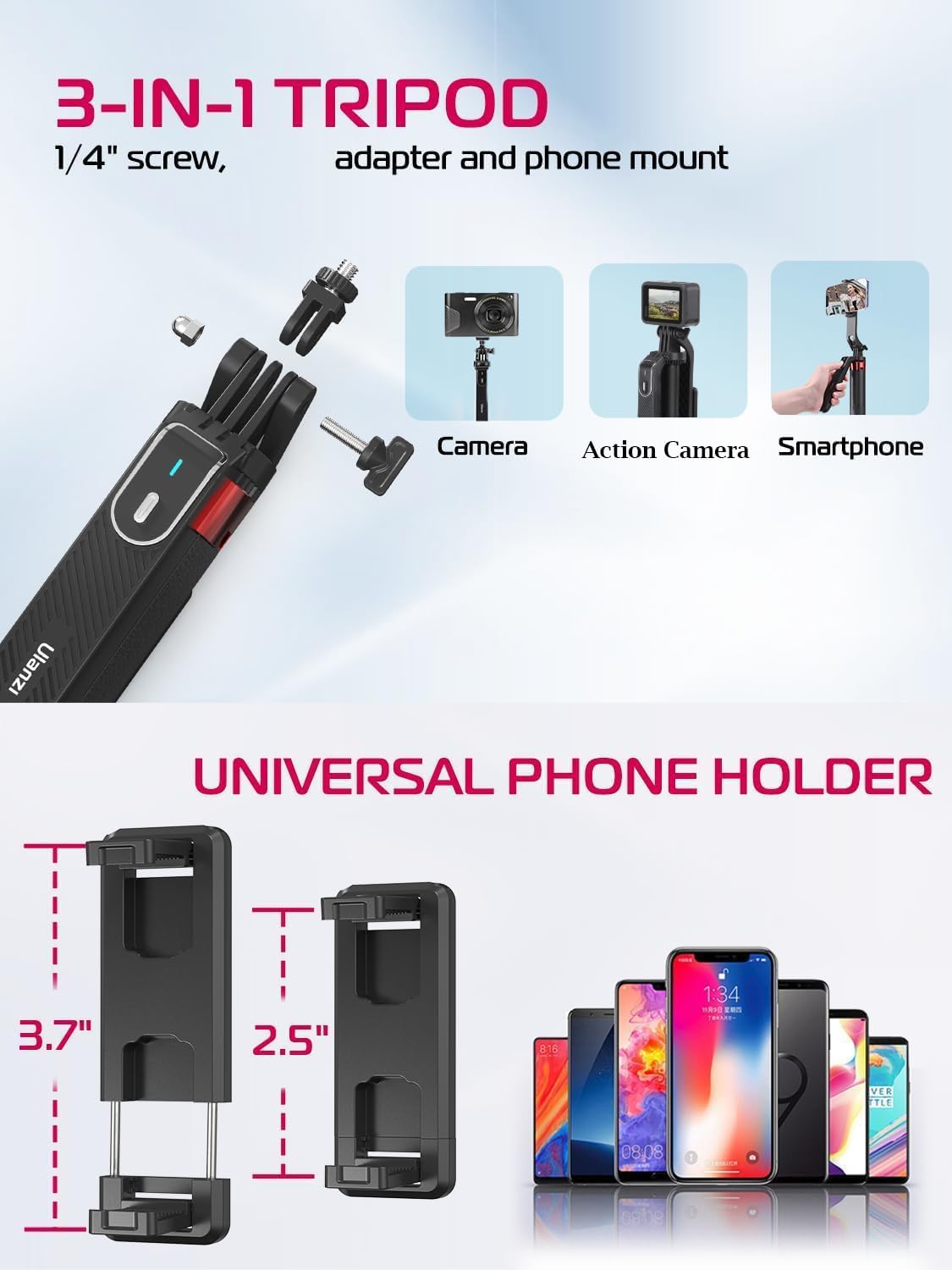 ULANZI MA09 Tripé Extensível para Celular, Vara de Selfie de 71" com Clipe, Tripé de Viagem com Controle Remoto Recarregável para iPhone, Sony, Canon, GoPro