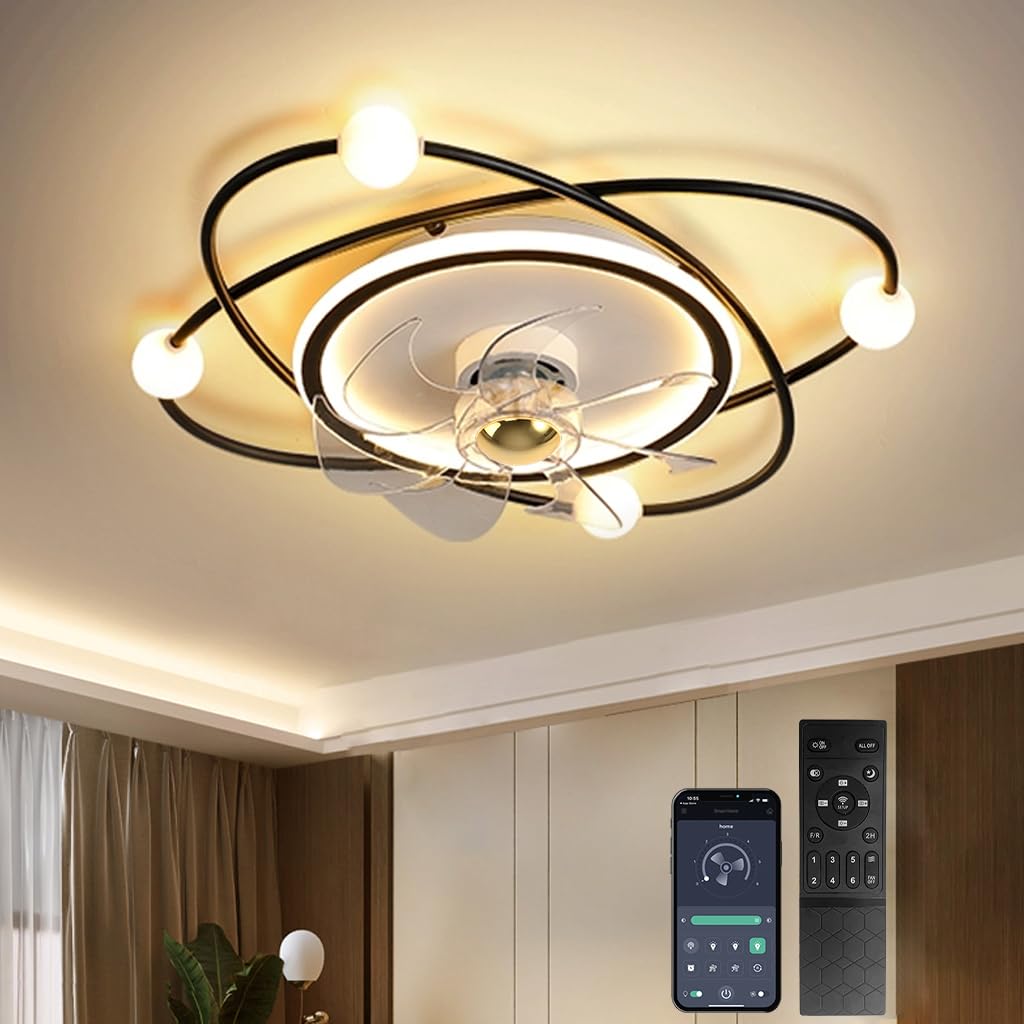 Nowoczesny wentylator sufitowy z oświetleniem, 58 cm ściemnialne światło sufitowe LED z wentylatorem, 42W Timer Wentylator sufitowy z lampą do salonu Sypialnia jadalnia(Czarny)