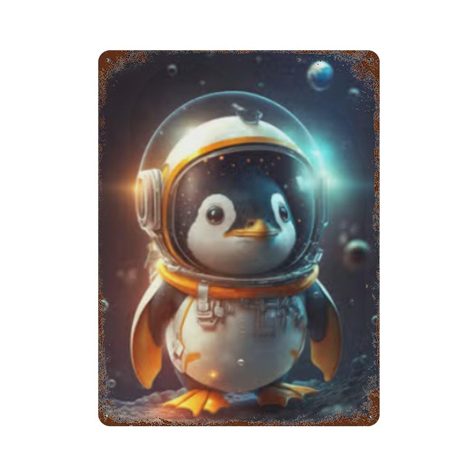 Astronaut Space Penguin 15.7"x11.8" Retro Metal Sign, Industrial Home Decor for Basement, Hobby Room And Garage Decor