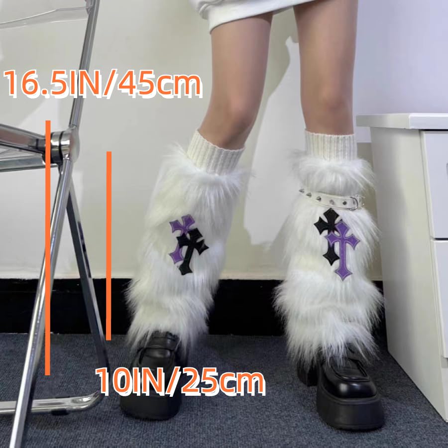 CHERSE Furry Leg Warmers for Women 3in1 Kawaii Star Bone Plush Y2K Leg Socks Pink Lolita Faux Fur 80s Harajuku Punk Gothic: White Cross 3in1