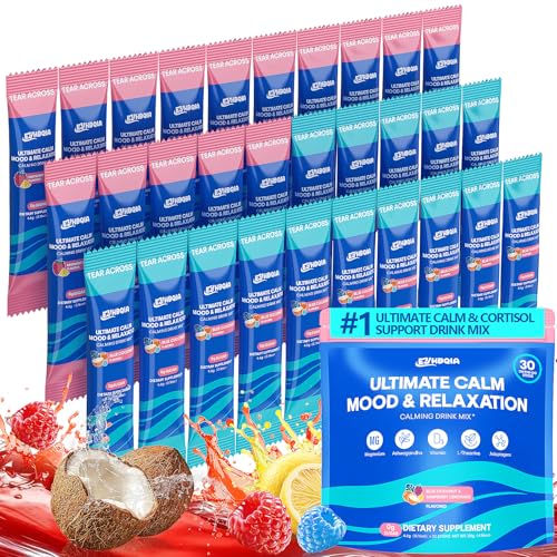 Ultimate Calm Drink Mix - Super Cortisol Reducer Supplement, Magnesium Glycinate Powder, Ashwagandha, L Theanine, Holy Basil, Vitamin D3, Supports Relax Focus Sleep Mood, No Sugar, Mixed Flavor, 30ct