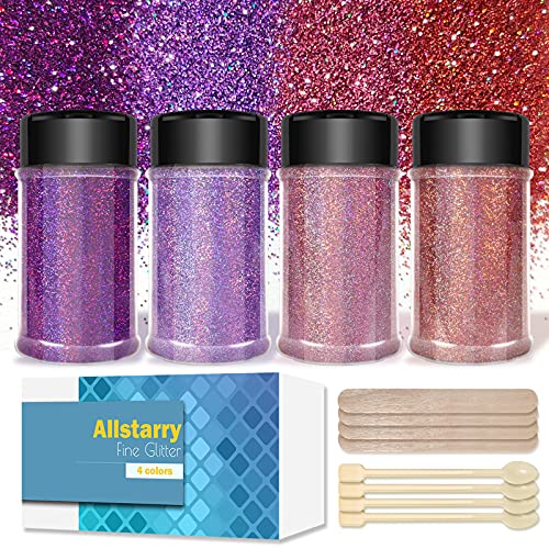 Allstarry Poudre de paillettes holographiques ultra fines 4 couleurs métallisées 80 ml par pot pour résine, gobelets, slime, peinture, nail art, décoration à faire soi-même - Série rose violet Cover