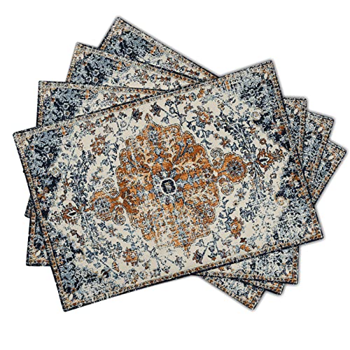 Image of Brown Navy Blue Ethnic Boho Placemats Set of 4 Bohemian Carpet Vintage Gold Black Tan Floral Linen Washable Kitchen Dining Table Mats Stain Heat-Resistant Desktop Place for Home Party 12x18 in