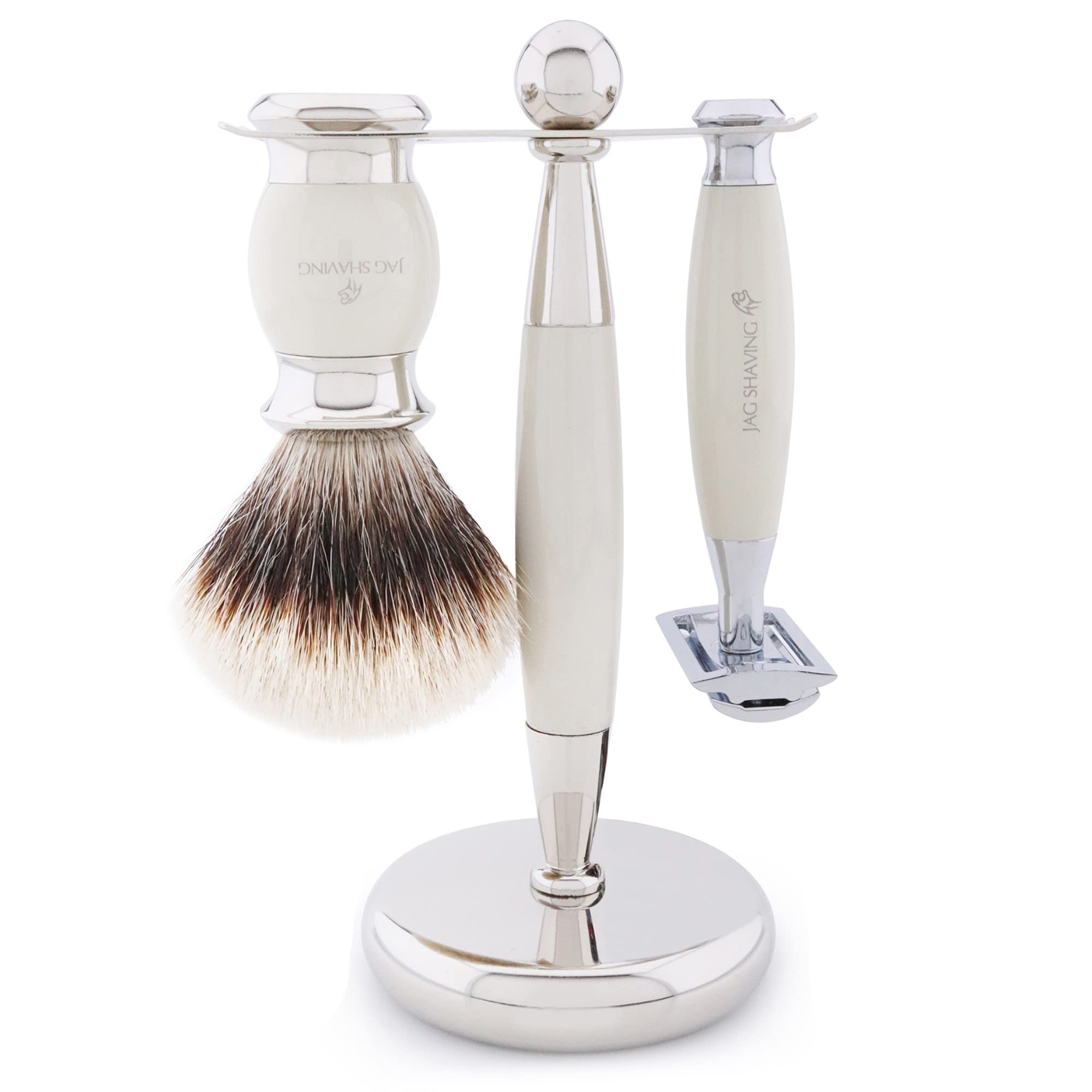 Jag Shaving 5-częściowy zestaw do golenia - JAG's LEE Range - pędzel do golenia z włosia borsuka - podwójna krawędź ostrza do golenia - miseczka do golenia - stojak do golenia - torba skórzana