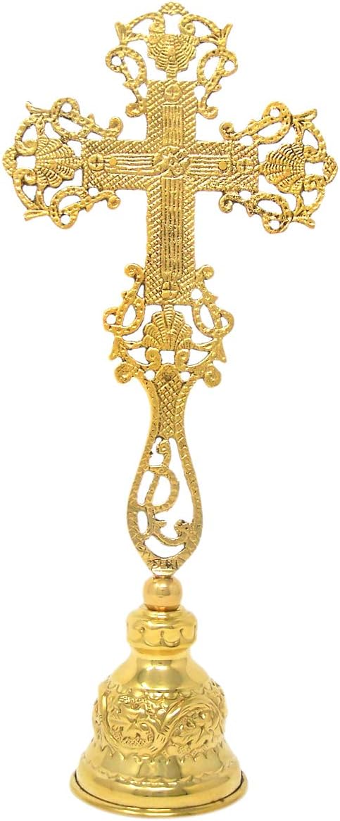 Needzo High Polished Brass Altar Standing Crucifix, Red Rhinestone Details, 11.75 Inches