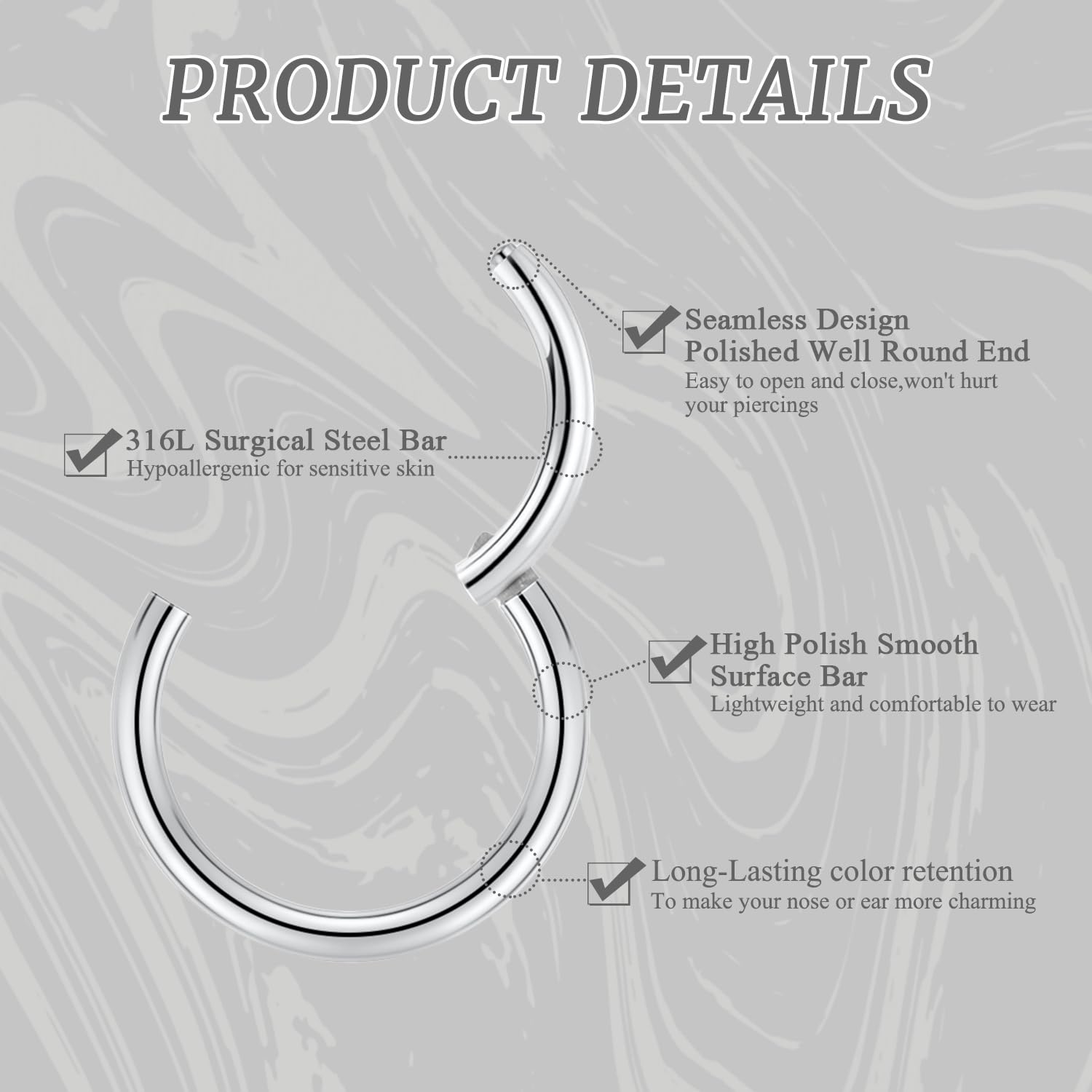 GAGABODY 2 Pcs Nose Rings 20G 18G 16G 14G 12G 10G 8G Surgical Steel Piercing Rings for Nose Septum Cartilage Helix Tragus Conch Rook Daith Lobe from 5mm to 16mm Seamless Hoop Unisex Hinged Earrings — view 3