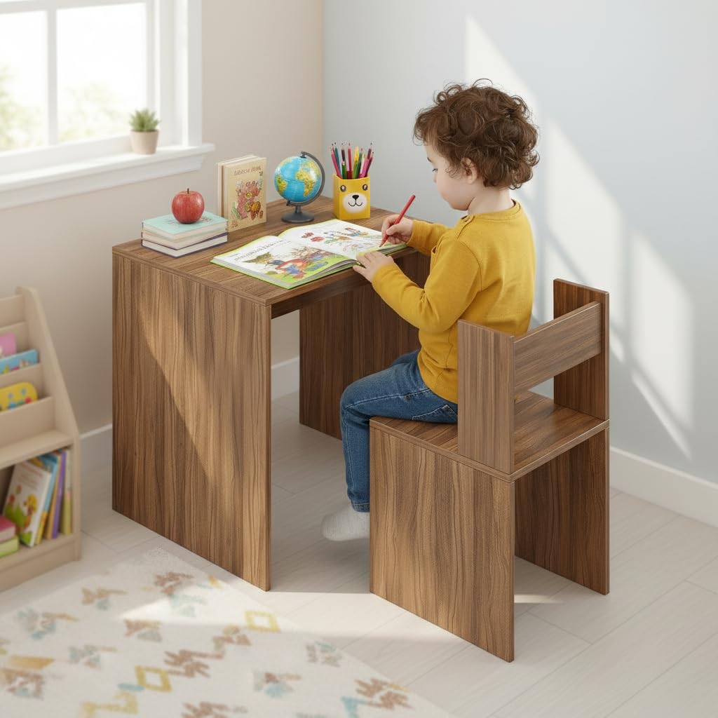 FURNEASER Jasper Engineered Wood Light Weight Study Table & Chair Set with Storage for 3-12 Years Kids, Medium Size Kids Desk Set for School Upto 60kgs Weight Capacity - DIY Installation (Exotic Teak)-image-34