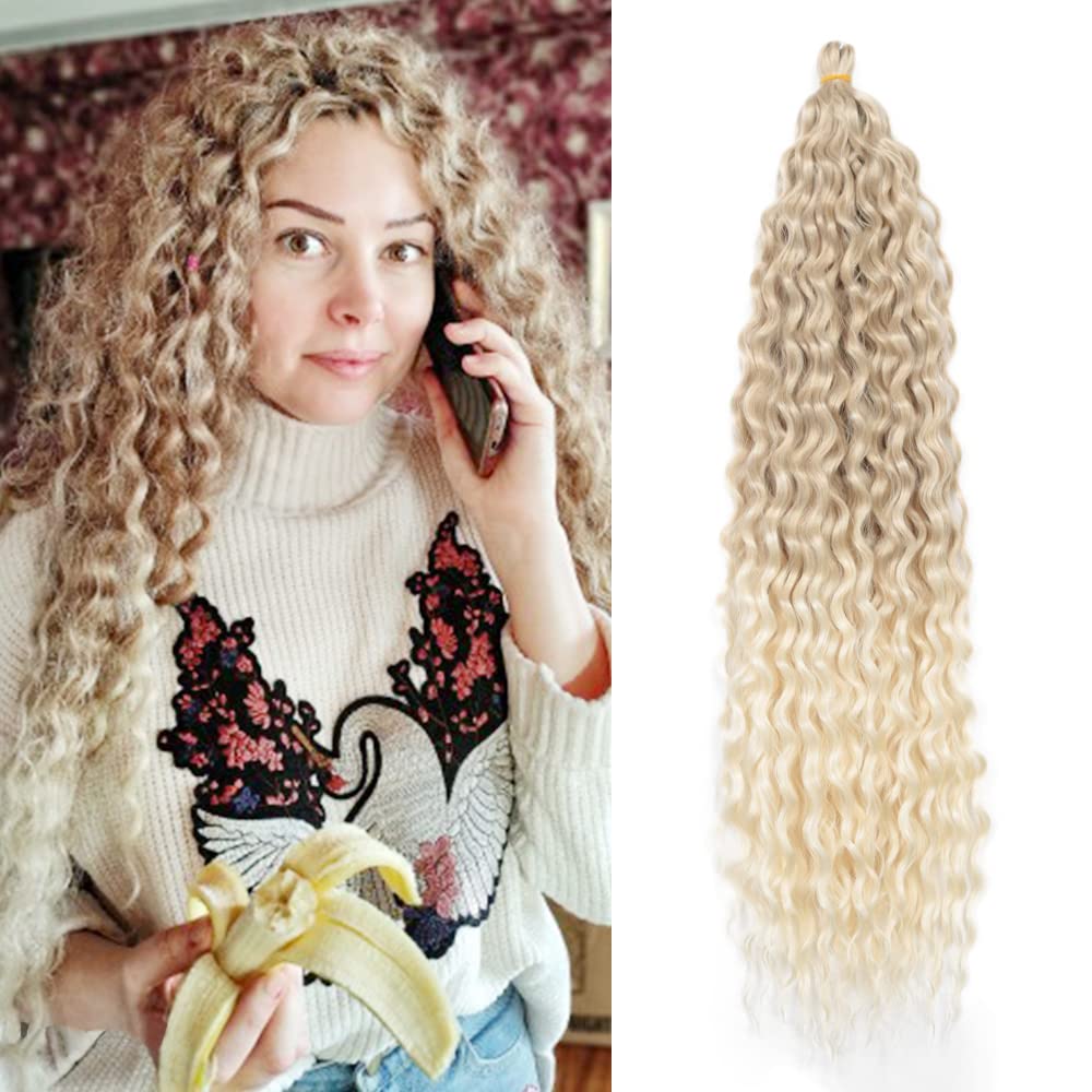Deep Twist Crochet Hair Mechones de Pelo de Onda de Agua Extensión de Pelo Sintético Rizado Trenzado Ombre Kinky Curl Trenzado Hairpiece, 22 Pulgadas 3 Packs 24/613#