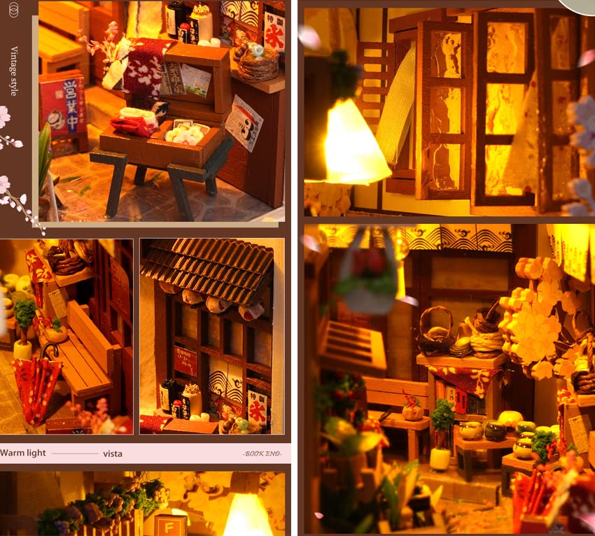 TOPBSFARNY Serre-Livres Puzzle Maison De Poupée 3D Bois - Kit Bricolage Lumière LED Style Rue Japonaise Fleurs De Cerisier - Cadeau Adulte Créatif