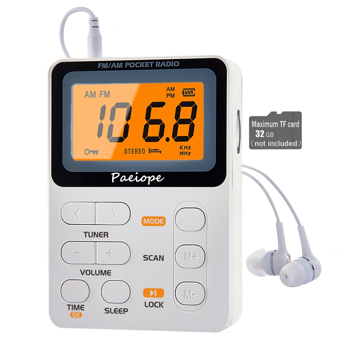 Portable Radio AM FM, Rechargeable Pocket Speaker with Best Reception Digital Tuning, MP3, Stereo Earphone, Large LCD Screen, TF Card Socket, Transistor Radio for Jogging/Gym/Camping(White)-image-18