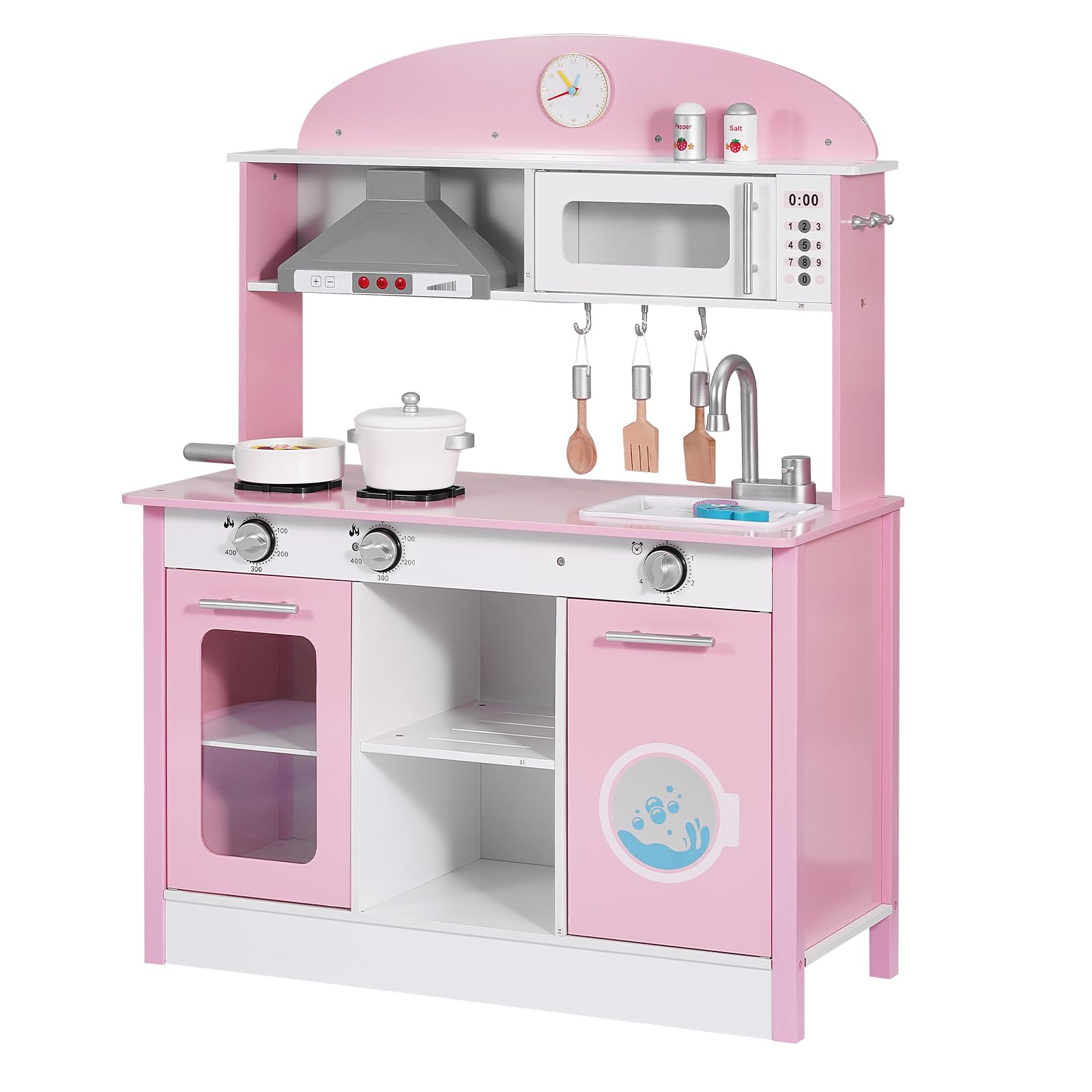 VEVOR Cucina Giocattolo per Bambini in Legno, con Luci e Suoni Realistici, Accessori Cibo e Pentole, Macchina per Ghiaccio, Cappa Aspirante e Forno a Microonde, Gioco di Ruolo, per Bambini 3-8 Anni