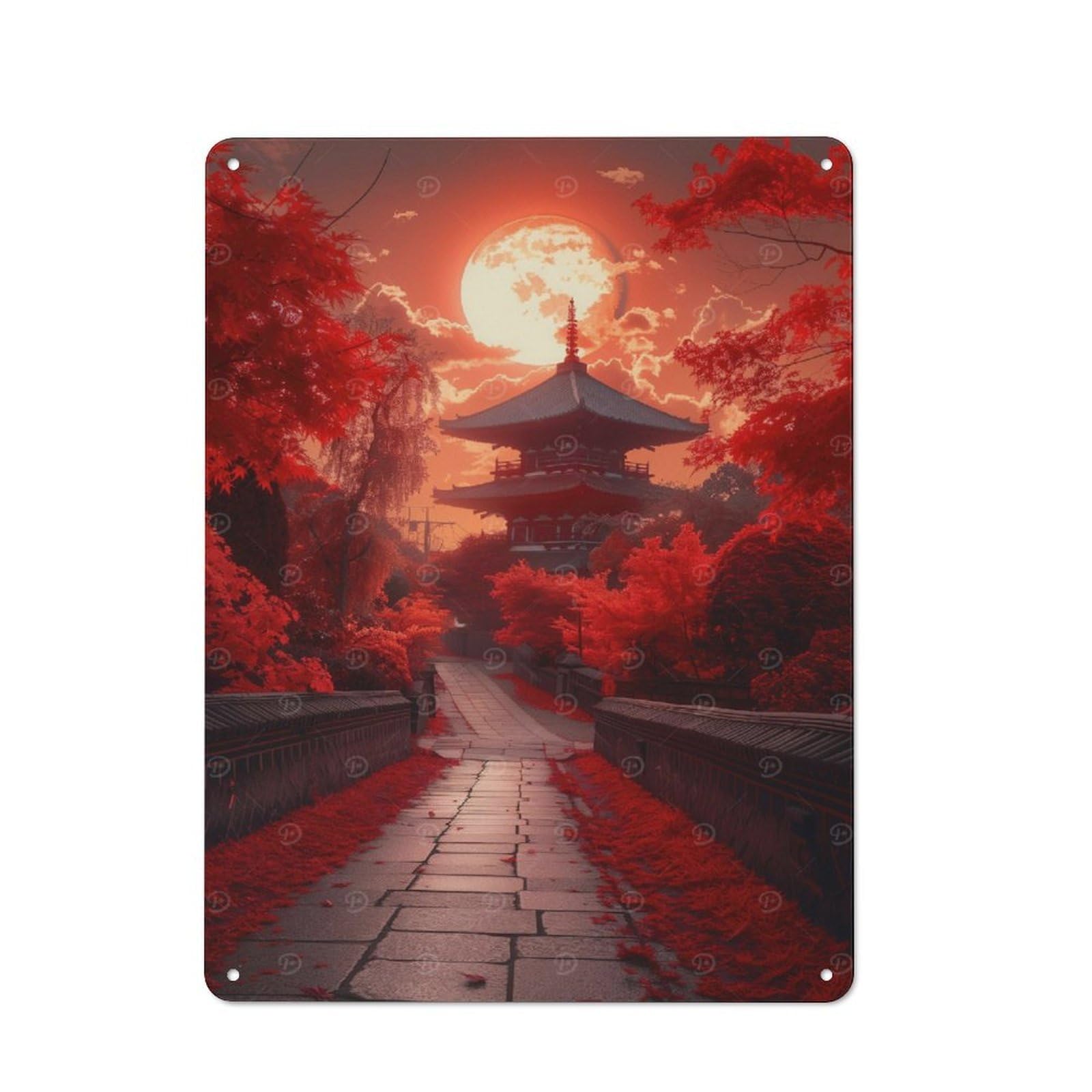 Junmoney Japanese Pagoda Sunset Vintage Metal Gift Sign 40X30cm, Novelty Wall Art For Hallway, Home Bar, Garage Or Study