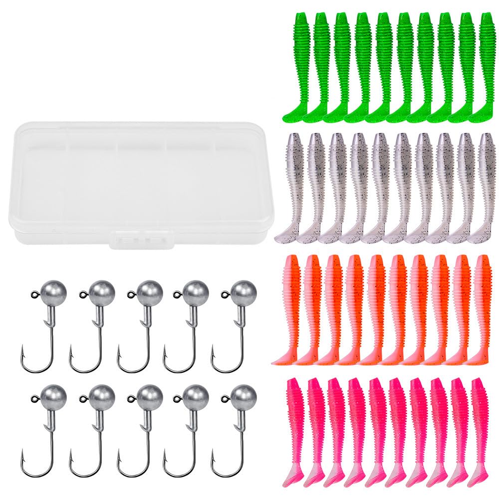 FOLANDO Soft Lure Set 51pcs – 40 T‑Tail Baits + 10 Hooks 6cm 1.8g for Bass Perch Freshwater Fishing