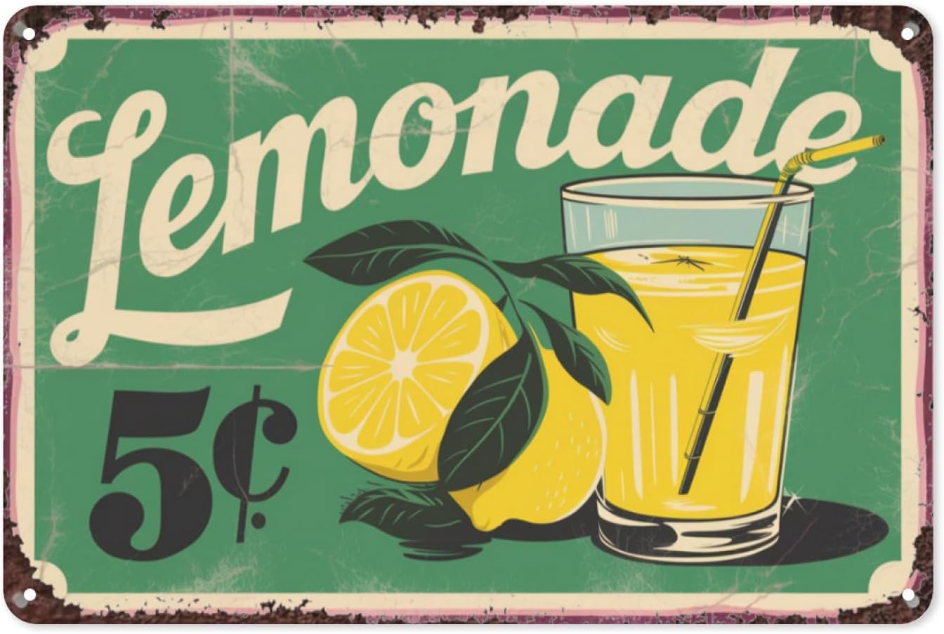 SMAZDFXX Lemonade Fresh Fruit Drinks Lemon Bubbles Retro Tin Sign, Vintage Metal Wall Decor for Kitchen, Patio, or Summer Theme, Refreshing Lemonade Wall Art Poster 8"x12"