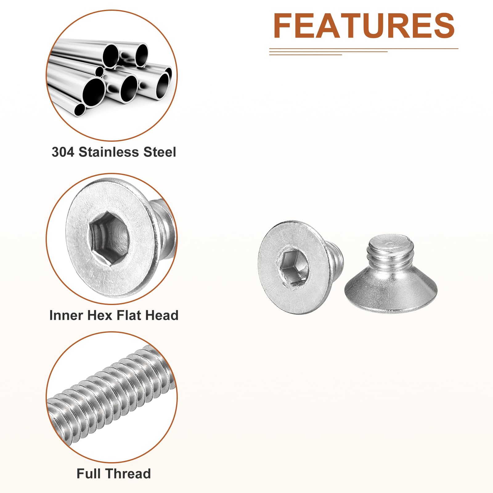 DTGN M8-1.25 x 10mm Flat Head Socket Cap Screws, 20 Pack 304 Stainless Steel Hex Socket Flat Head Screws, Full Thread - Image 4