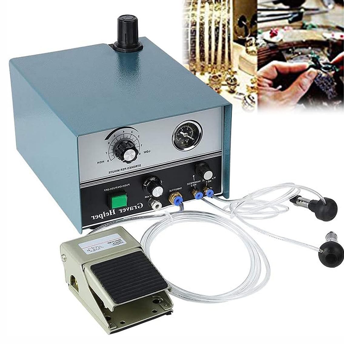 ZMJGLL Pneumatic Engraving Machine,0-4000PR Adjustable Speed Double-head Pneumatic Jewelry Graver,Foot Pedal Control Graver Tool for Metal Gold Silver
