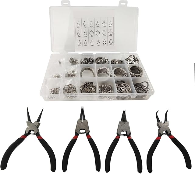 temproad 4 Pcs 5 inch Circlip Pliers Set & 350Pcs Stainless Steel Opening Ring Circlip, Internal & External Straight & Bent Tip Circlip Pliers Set Soft Handles